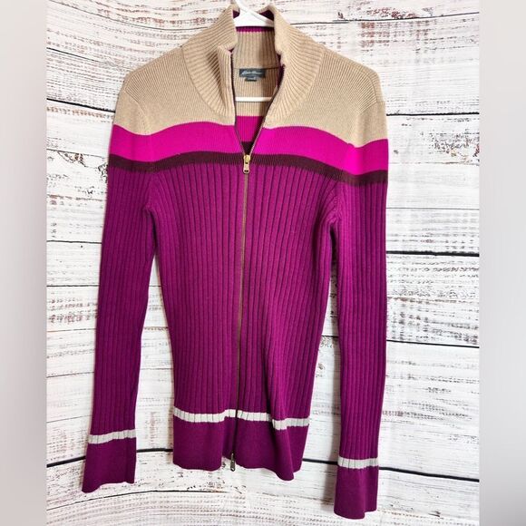 Eddie Bauer Sweater Womens Size Large Ribbed Knit Full Zip Front cardigan Cotton - Picture 1 of 11